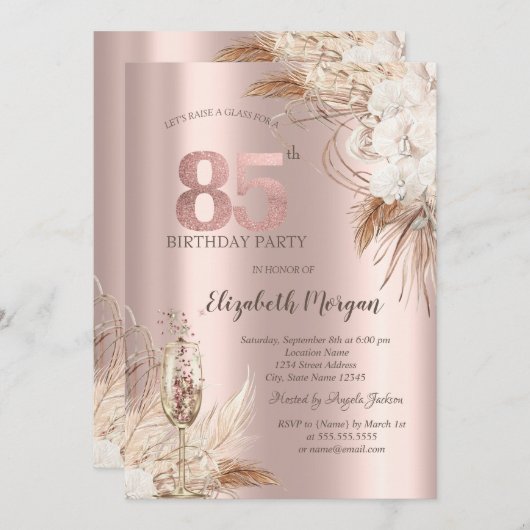 Invitation Fleurs Boho, Verre Champagne, Or Rose 85e (Devant / Derrière)