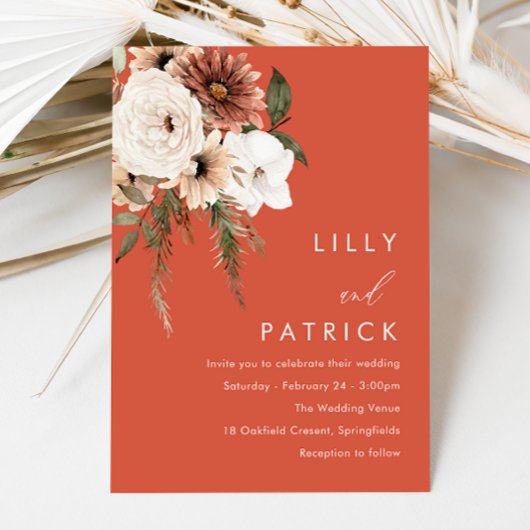 Invitation Fleurs Boho Vibrantes Mariage Terracotta
