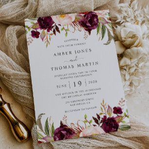 Invitation Fleurs Bordeaux Blush Floraison Mariage  