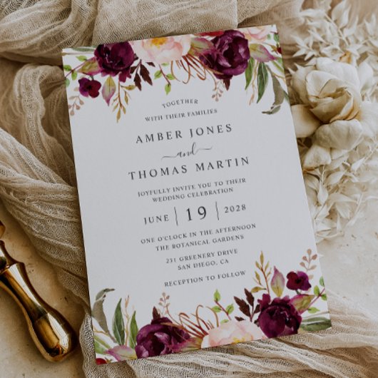 Invitation Fleurs Bordeaux Blush Floraison Mariage  