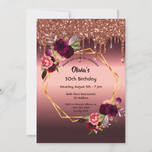 Invitation Fleurs bordeaux d'anniversaire parties scintillant (Devant)