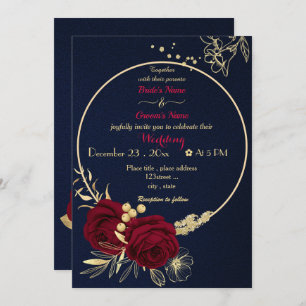 Invitation fleurs bordeaux or couronne mariage marine