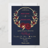Invitation fleurs bordeaux or couronne mariage marine (Devant)