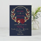 Invitation fleurs bordeaux or couronne mariage marine (Debout devant)