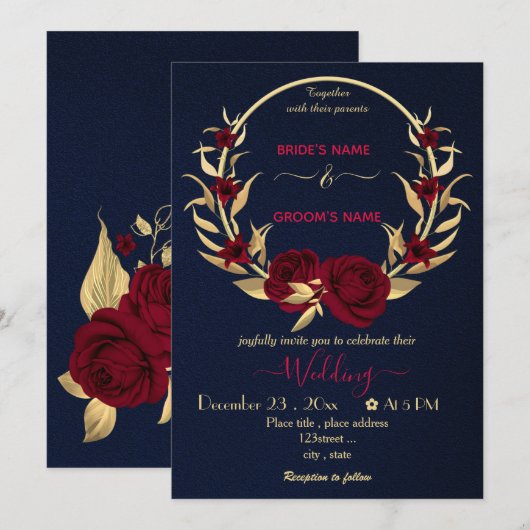 Invitation fleurs bordeaux or couronne mariage marine (Devant / Derrière)