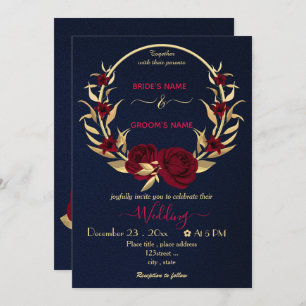 Invitation fleurs bordeaux or couronne mariage marine