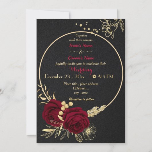 Invitation fleurs bordeaux or couronne noir mariage (Devant)