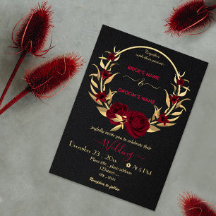 Invitation fleurs bordeaux or couronne noir mariage