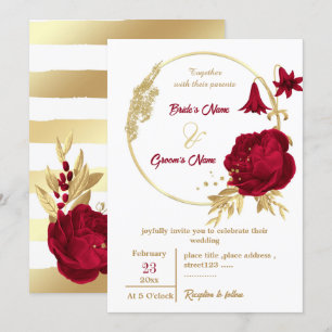 Invitation fleurs bordeaux & or élégant mariage de couronne