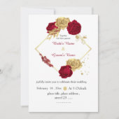 Invitation fleurs bordeaux & or élégant mariage géométrique (Devant)