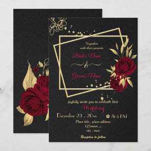 Invitation fleurs bordeaux or géométrique noir mariage