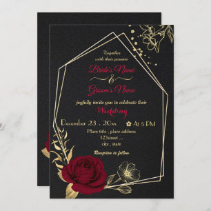 Invitation fleurs bordeaux or géométrique noir mariage