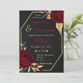 Invitation fleurs bordeaux or géométrique noir mariage (Debout devant)