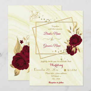 Invitation fleurs bordeaux or marbre géométrique mariage