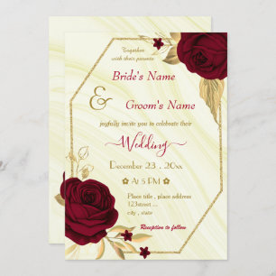 Invitation fleurs bordeaux or marbre géométrique mariage