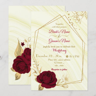 Invitation fleurs bordeaux or mariage géométrique
