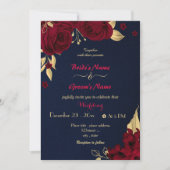Invitation fleurs bordeaux or marine mariage (Devant)