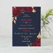 Invitation fleurs bordeaux or marine mariage (Debout devant)