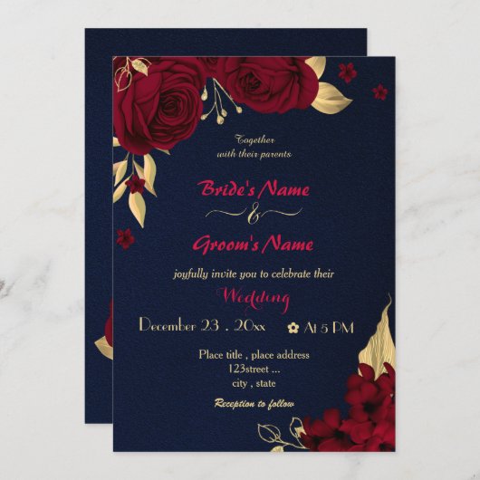 Invitation fleurs bordeaux or marine mariage (Devant / Derrière)