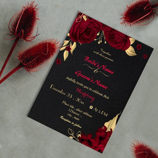 Invitation fleurs bordeaux or noir mariage
