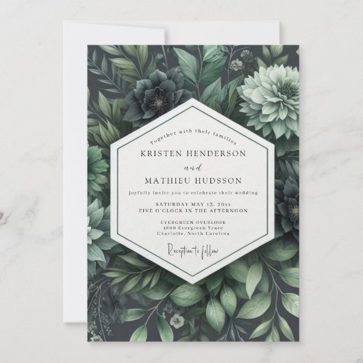 Invitation Fleurs Botaniques Profondes Vertes pour Mariage (Devant)