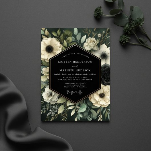Invitation Fleurs Botaniques Profondes Vertes pour Mariage