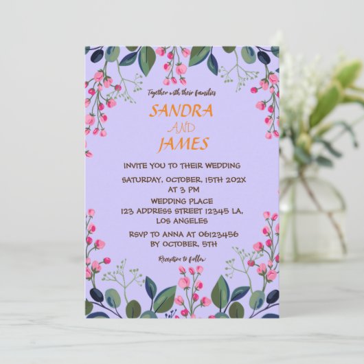 Invitation Fleurs botaniques rose et vert (Debout devant)