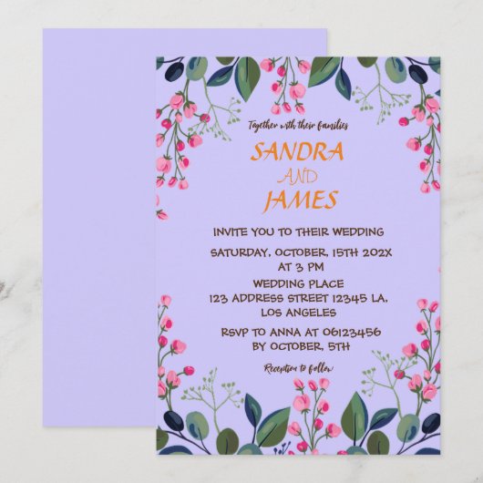 Invitation Fleurs botaniques rose et vert (Devant / Derrière)