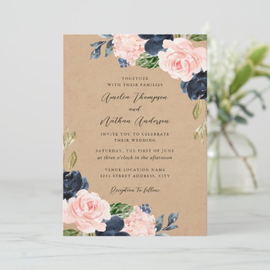 Invitation Fleurs botaniques rustiques rose marine Mariage (Debout devant)