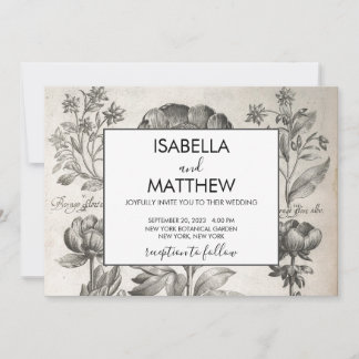 Invitation Fleurs botaniques vintages en noir et blanc