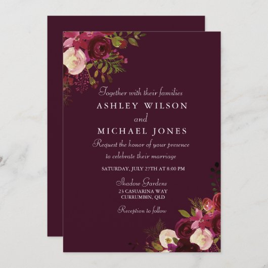 Invitation Fleurs Bourgogne Automne Mariage Automne (Devant / Derrière)