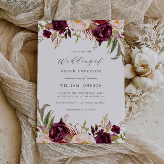 Invitation Fleurs Bourgogne Blush Bloom Mariage