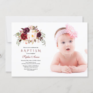 Invitation Fleurs Bourgogne Blush Cross Photo Baptême