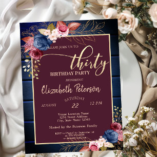 Invitation Fleurs Bourgogne Bois Bleu Marine 30ème Anniversai