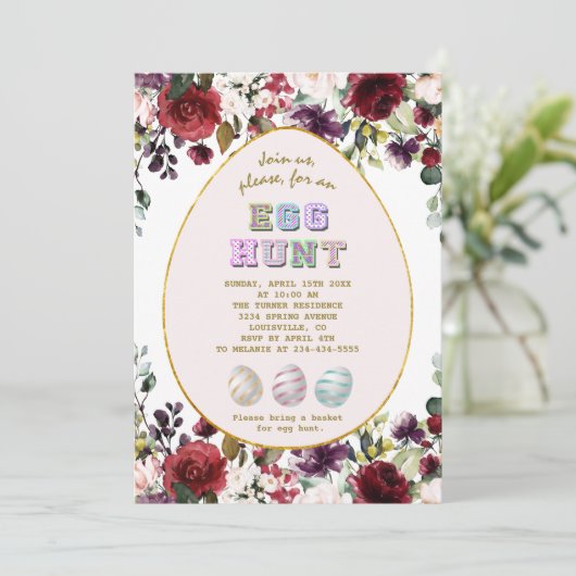 Invitation Fleurs Bourgogne délicates Chasse aux oeufs d'or P (Debout devant)