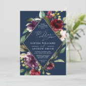 Invitation Fleurs Bourgogne et cadre d'or Mariage bleu marine (Debout devant)