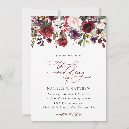 Invitation Fleurs Bourgogne, Fleurs roses, Verdure, Mariage (Devant)