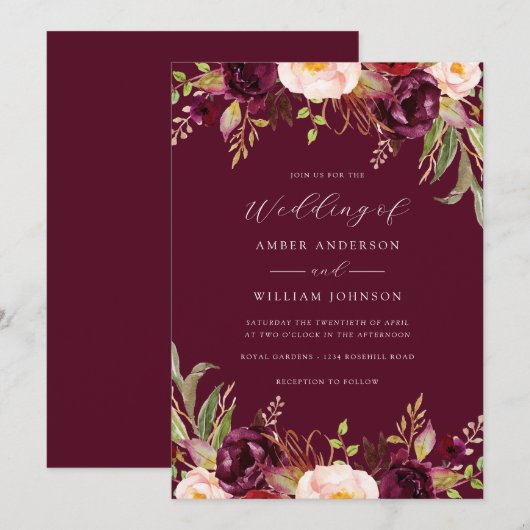 Invitation Fleurs Bourgogne Floraison Mariage (Devant / Derrière)