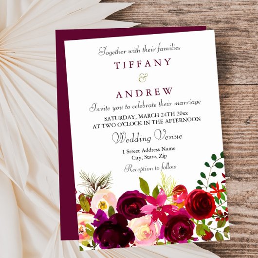 Invitation Fleurs Bourgogne Floral Élégant Mariage d'été