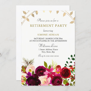 Invitation Fleurs Bourgogne Gold Leaf Retraite Party