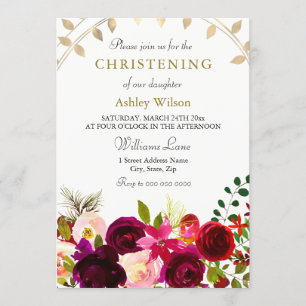 Invitation Fleurs Bourgogne Gold Leaf Wreath Christening