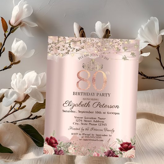 Invitation Fleurs Bourgogne Parties scintillant Bordure Rose 