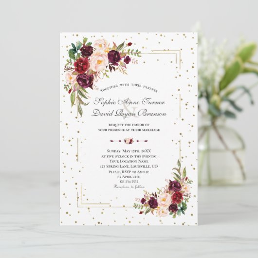 Invitation Fleurs Bourgogne Parties scintillant or Mariage Co (Debout devant)