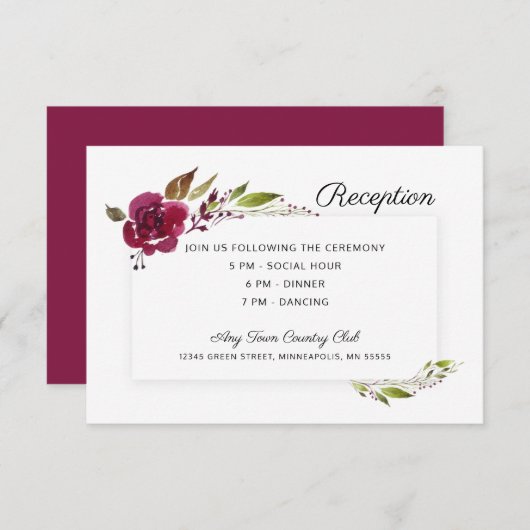 Invitation Fleurs Bourgogne Réception de mariage (Devant / Derrière)