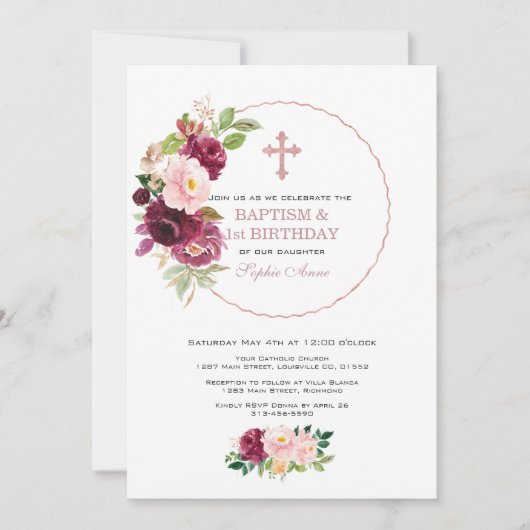 Invitation Fleurs Bourgogne Rose Or 1er Anniversaire & Baptêm (Devant)