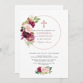 Invitation Fleurs Bourgogne Rose Or 1er Anniversaire & Baptêm (Devant / Derrière)