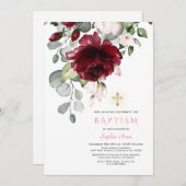 Invitation Fleurs Bourgogne rousse Croix d'or Baptême de fill (Devant / Derrière)