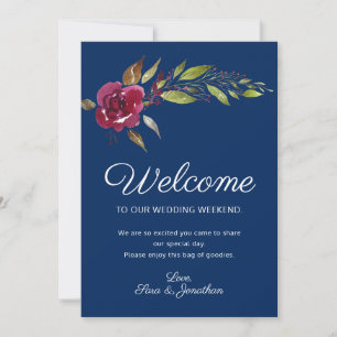 Invitation Fleurs Bourgogne sur Fond Bleu Marine   Bienvenue 