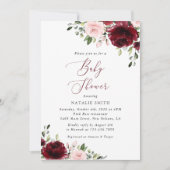 Invitation Fleurs Bourgognes, Fleurs Roses, Boho, Baby shower (Devant)