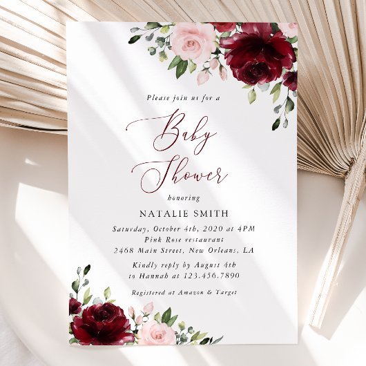 Invitation Fleurs Bourgognes, Fleurs Roses, Boho, Baby shower